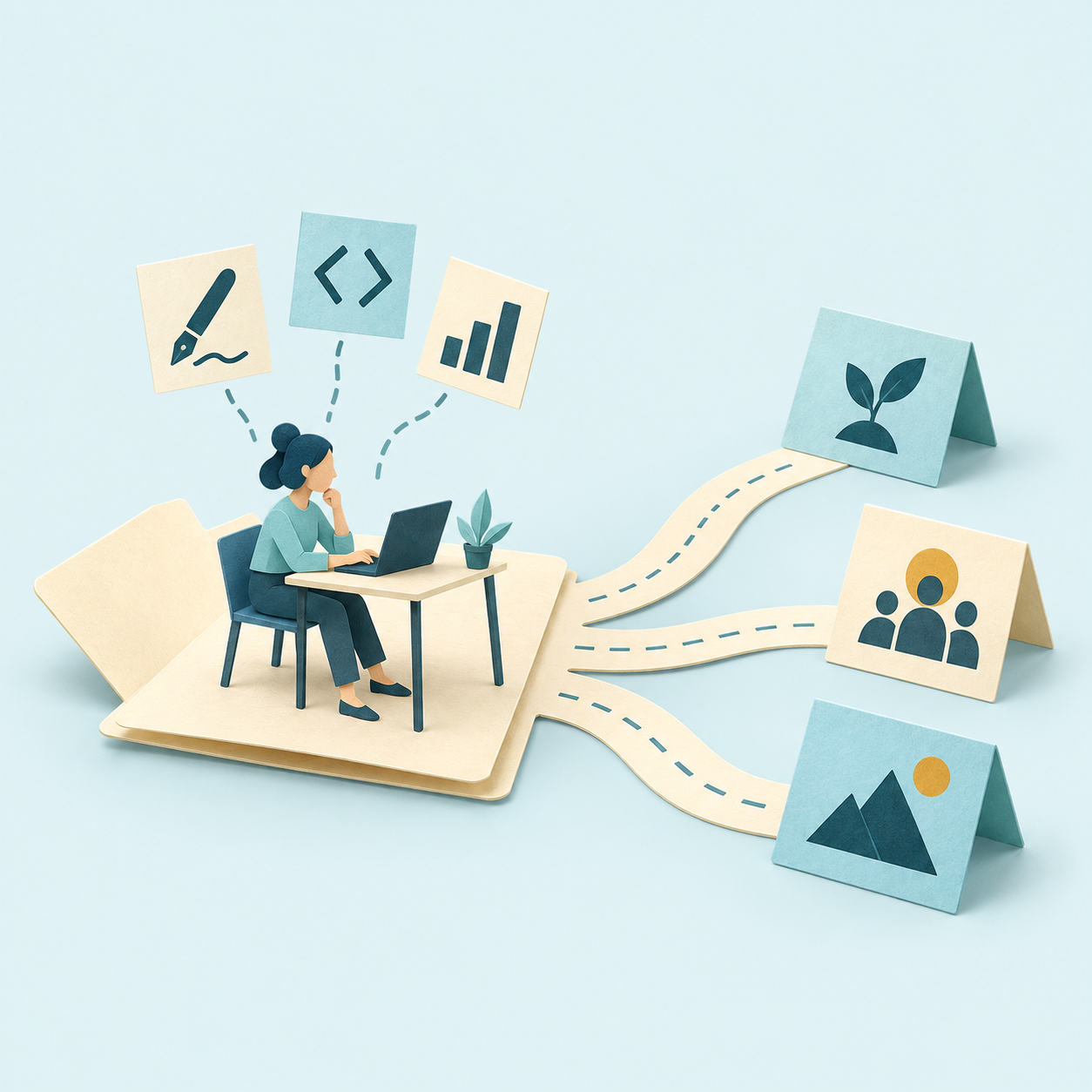 A handcrafted paper scene connecting a person’s starting point to possible new directions.
